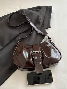 1pc Coffee Brown Solid Color PU Baguette Shoulder Bag For Women - Coffee Brown - View 4