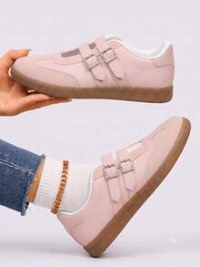 Giày sneaker đế bệt TCVC phối màu khối hai quai, giày Mary Jane tập luyện kiểu Đức retro, giày đi bộ thường ngày nữ - Hồng - Xem 7