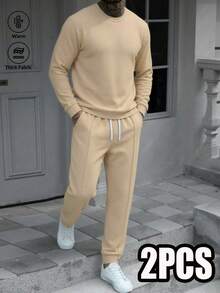 Men's Casual Outdoor Sports Set With Tapered Pants And Crew Neck Long Sleeve - Khaki - View 1