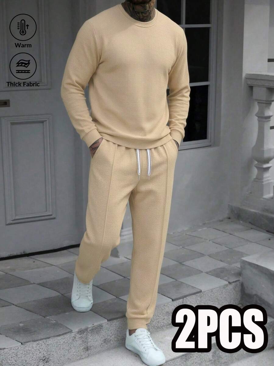Men's Casual Outdoor Sports Set With Tapered Pants And Crew Neck Long Sleeve - Khaki - View 1