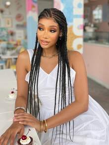 A ANYTIME Wig Kepang Tanpa Simpul: Wig Kepang Jagung Belahan Samping dengan Rambut Bayi, Wig Kepang Jagung Belakang Penuh, Kepang Jagung Jahitan Renda Penuh, Wig Kepang Kotak, Wig Kepang - Hitam - View 9