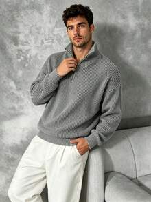 Men's Gray Chunky Ribbed Quarter Zip High Neck Sweater, Loose Drop Shoulder Textured Half Zip Knit Pullover Top - Grey - View 3