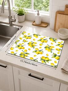1pc Yellow Lemon & Green Leaf Pattern Absorbent Table Mat, Fresh Pastoral Style, Water-Absorbent Fabric, Rectangular Edged Design, Stain-Resistant & Heat-Insulating Countertop Protector, Suitable For Kitchen Sink, Dish Drying, Daily Home Decor - Multicolor - View 12
