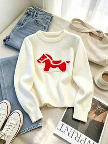 Teen Crew Neck Knit Sweater, Cute Red Cartoon Horse Jacquard Pattern Long Sleeve Loose Pullover, Soft Comfortable White Knit Top Suitable For Autumn Winter Daily Casual Wear - White - View 1