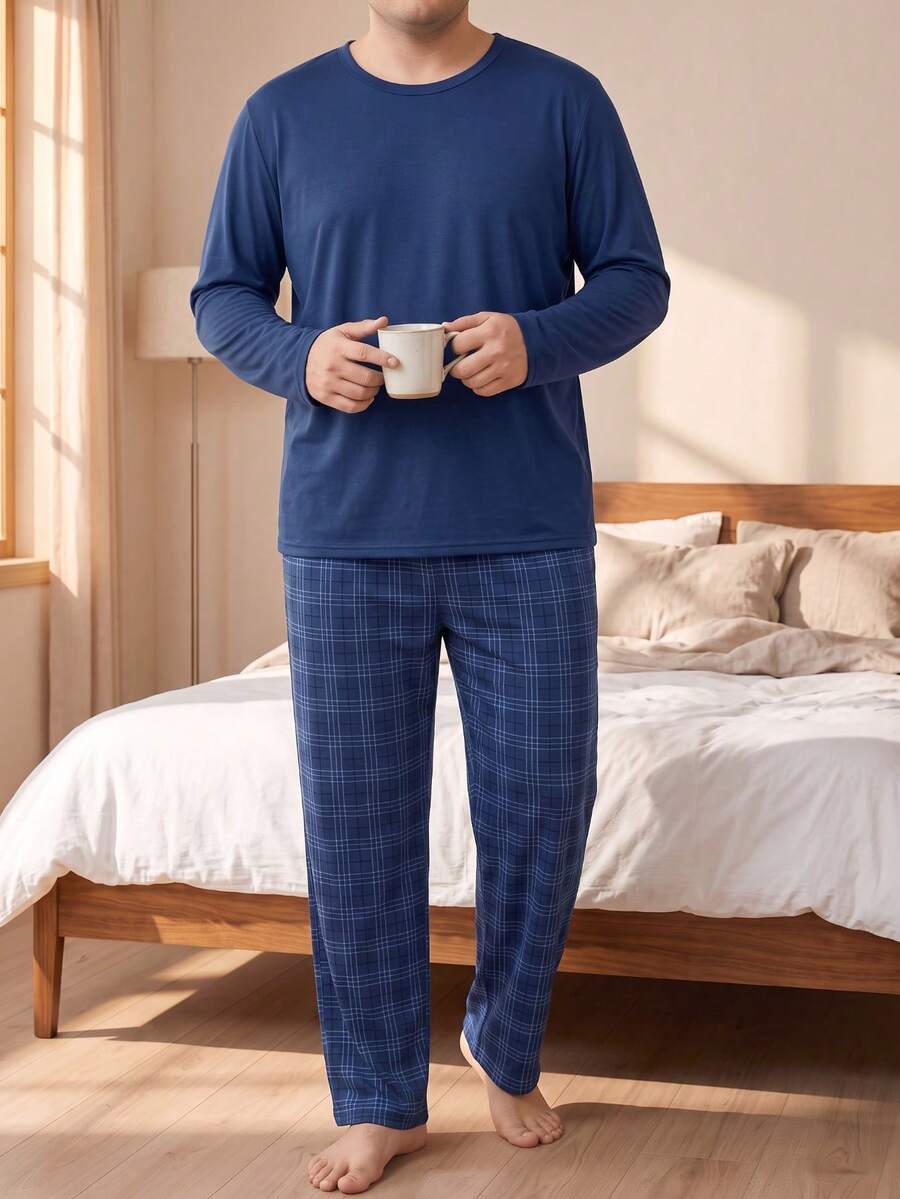 Men's Plus Size Minimalist Solid Color Crew Neck Top + Blue Plaid Long Pants Pajama Set, Casual Home Wear For Autumn/Winter Christmas - Navy Blue - View 1