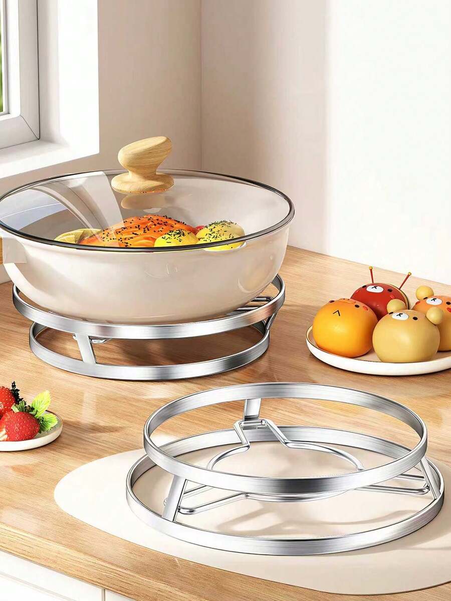 1 pieza Estante de acero inoxidable para ollas, Estante de almacenamiento para encimera de cocina, Estante multiusos para vapor, Alfombrilla aislante de calor para ollas, Organizador de utensilios de cocina y tapas de ollas - Ver 1