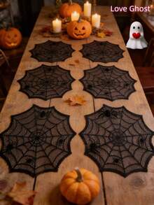 1/2/4pcs Black Lace Spider Web Placemats, Halloween Party Table Decor, Happy Halloween Ghost Festival Decoration, Trick Or Treat Spooky Tableware Centerpiece, Spider Web Pattern Holiday Tabletop Accessories, Suitable For Home Kitchen Dining Room - Multicolor - View 7