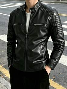 Men's Vintage-Style Distressed Leather Jacket With Lapel Collar, Slim Fit, Short Length And Retro Look,Fleece - Black - View 1