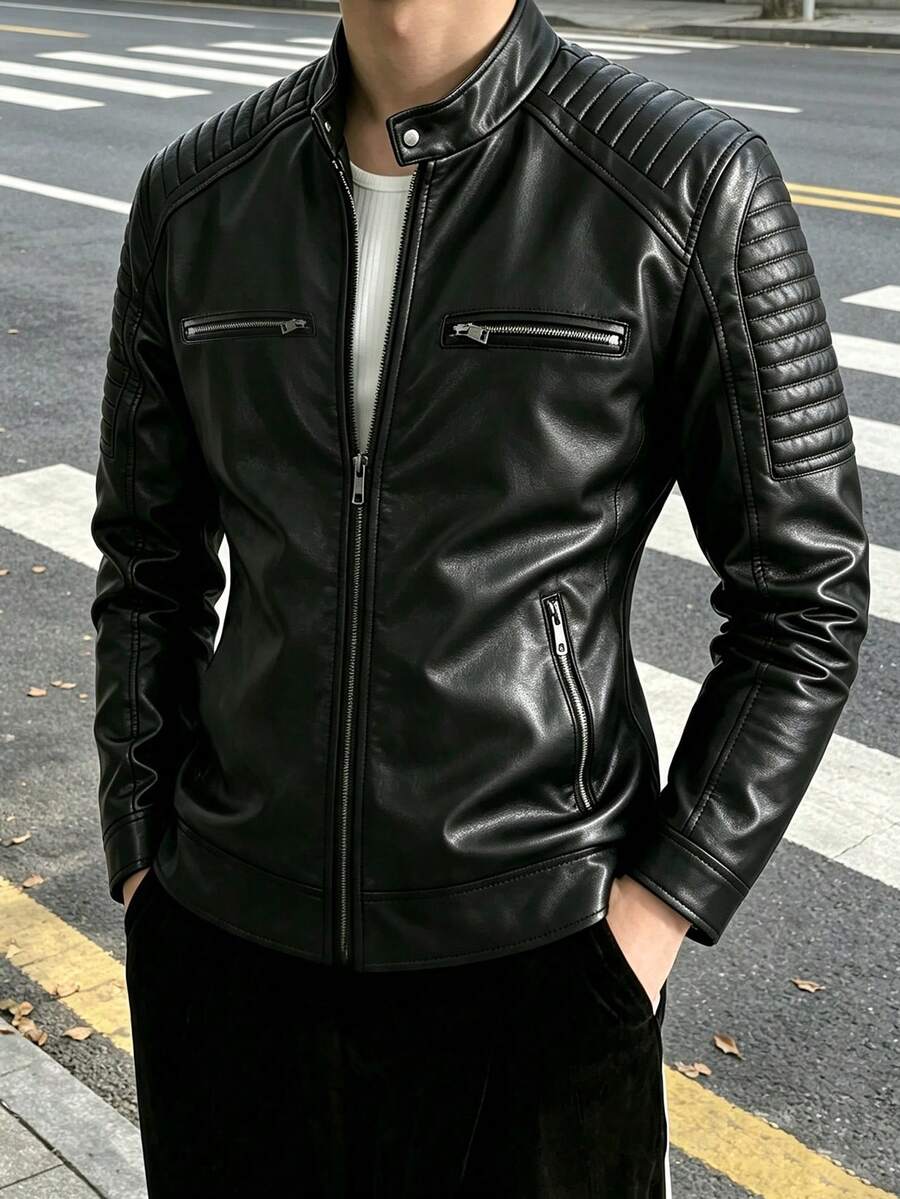 Men's Vintage-Style Distressed Leather Jacket With Lapel Collar, Slim Fit, Short Length And Retro Look,Fleece - Black - View 1