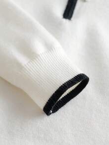 Boys' White Knit Sweater With Half-Zip Collar, Black Contrast Trim On Collar, Cuffs And Hem, Striped Design, Minimalist Preppy Style, Casual Versatile Pullover, Suitable For School Daily Wear In Spring, Autumn And Winter - White - View 6