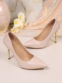 Pearlescent Light Pink Pointed Toe Stiletto High Heel Pumps With Gold Heel, Low Vamp Evening Dress Commuter Shoes, Suitable For Banquets And Weddings - Baby Pink - View 2