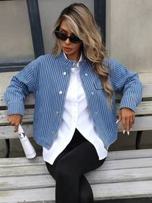 Mobula Sound# Spring/Autumn Versatile Fashion Striped Denim Jacket, College Style, Vacation, Daily, Travel, Airport, Zipper Long Sleeve Denim Jacket For Women - Blue - View 6
