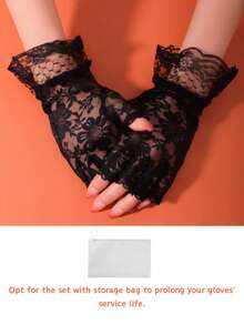 1pair/2/3pcs Wedding Lace Gloves, Hollow Embroidery, Valentine & Christmas, Romantic & Elegant, Fingerless/Full.(Gloves: Main Items, Pouch: Accessory) - Black - View 15