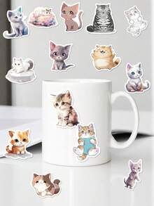 50Pcs Pale Hand‑Drawn Cat Journal Stickers, Low‑Saturation Watercolor Animal Patterns Of Lovely Kittens With Different Expressions And Gestures, Suitable For Scrapbook, Tumbler, Tablet, Suitcase, Pencil Box - Multicolor - View 6