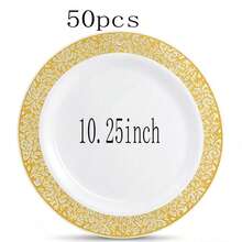 1/20/25/50pcs Luxury Gold Floral Hollow Rim Round Plate Set, Large Capacity Stackable Packaging, Elegant Gold Hollow Lace Design, Great For Photography And Atmosphere, Suitable For Theme Parties, Outdoor Gatherings, Store Events, Home Dinners, Bulk Purchase Party Decoration Plates - White With Gold Trim - View 15