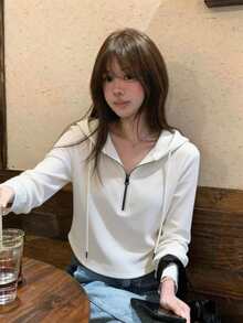 Modern Women's White Long Sleeve T-Shirt, Featuring Front Zipper, Hood Design, Polyester Fabric, Asymmetrical Hem Casual - White - View 4