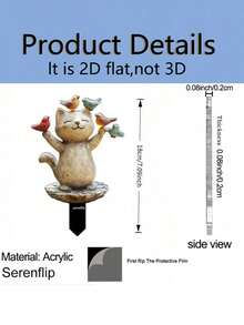 1pc 2D Acrylic Garden Stake, Suitable For Soil. Cat Design With One Bird On Hand And One On Head, Adds Charm To Outdoor Yard, Can Be Used As Flower Pot Decoration, Perfect For Flower Pot Embellishment - A - View 3