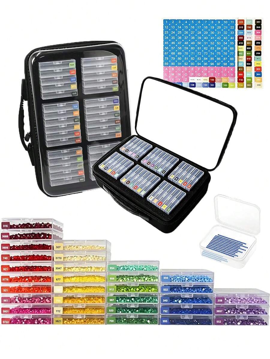 New Transparent Large-Capacity Storage Bag For Diamond Painting, 2-In-1 Diamond Painting Tray And Storage Set, 64 | Point-Holding Beads Alignment Trays, Including Numbered Stickers. - A - View 1