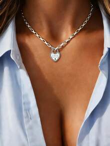 1pc Silver Donut Buckle Full Rhinestone Round Pendant Necklace, Luxury Heart Lock Pendant Chain, Stainless Steel Material, Exquisite Holiday Party Gift For Women - Silver - View 8