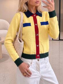 Women's Colorblock Knit Cardigan, Autumn/Winter Long Sleeve Round Neck Button-Up Sweater Top, Medium Stretch Knitwear - Yellow - View 4