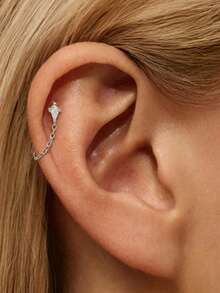 1pc Tassel 925 Sterling Silver Ear Studs For Women, Classic Cartilage Earring Suitable For Helix/Conch/Ear Cartilage, Flat Back Design, Exquisite Jewelry For Daily Wear And Party - Silver - View 4