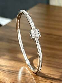 5/1 Pc New Stainless Steel Bracelet Set, Waterproof & Fade-Resistant, Multi-Style Design (Roman Numerals, Four-Leaf Clover, Rhinestone, Etc.), Versatile Commuter Luxury Accessory, Layering Essential, Hypoallergenic, Unique Design, Holiday Gift - Silver - View 5