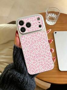 1pc Pink & White Leopard Print Anti-Drop Leather Texture Integrated Camera Frame Full Coverage Phone Case, Suitable For 11/12/13/14/15/16/17/18, Sweet & Cool Girl Style Protective Cover - Silver - View 5