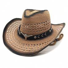 Men's Western Style Straw Cowboy Hat, Outdoor UV Protection Sun Hat, Breathable Woven Summer Hat - Multicolor - View 7