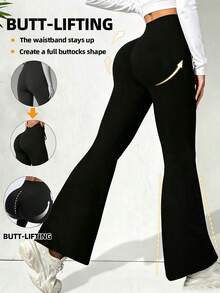 Celana Panjang Wanita Model Bell Bottom dengan Tali Serut, Gaya Kasual Ketat, Kaki Panjang, Cocok untuk Semua Musim, Potongan Longgar untuk Pakaian Kantor - Hitam - View 3