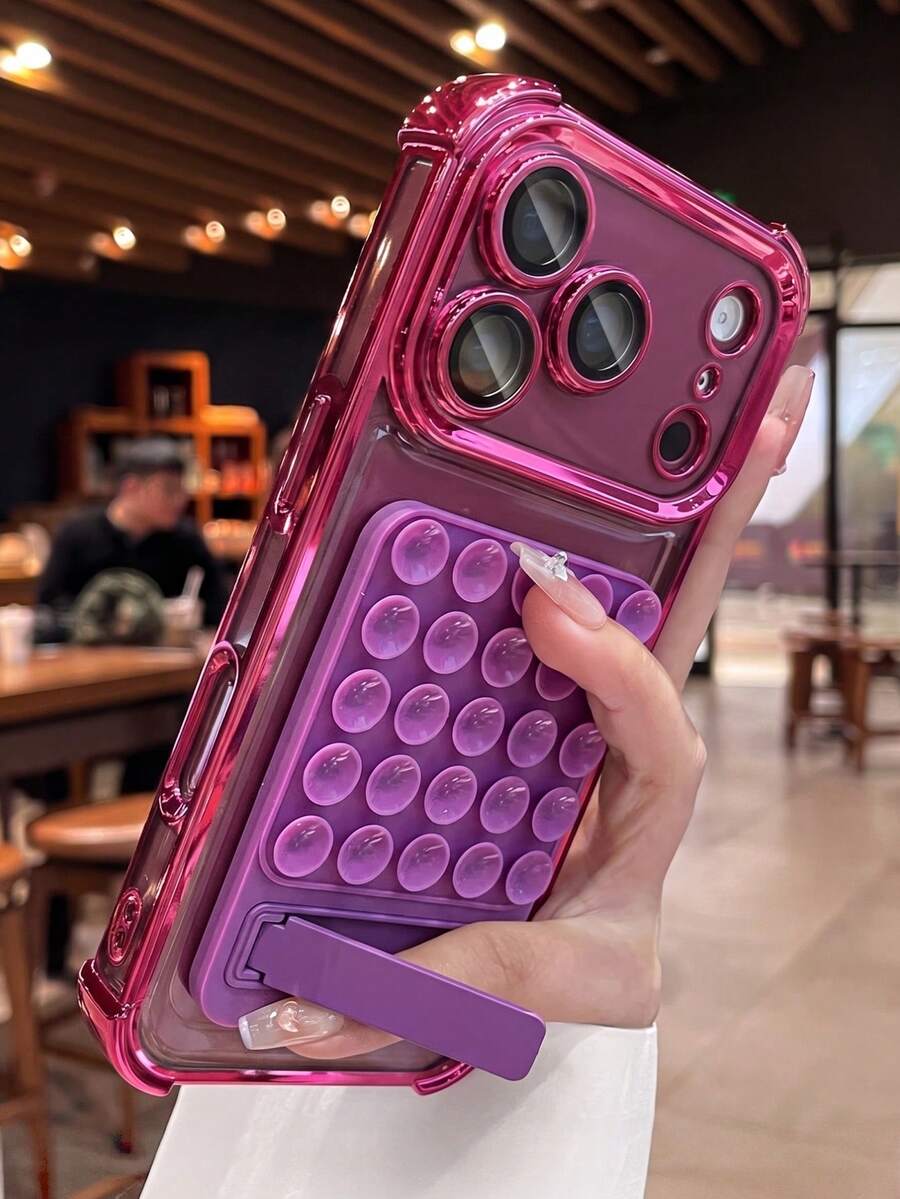 1件 DIY 四角電鍍吸盤支架透明手機殼,適用於 iPhone 18 Pro Max 17 16 15 14 13 12 11 Pro Max Plus,硬 PC 背蓋 - 櫻桃紅色 - 查看 1
