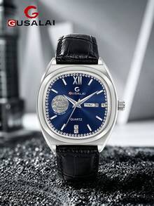 GUSALAI Men's Barrel-Shaped PU Leather Watch With Rhinestone Roman Dial, Dual Calendar, Vintage Quartz Wristwatch For Daily Wear And Holiday Gift - one-size - View 11