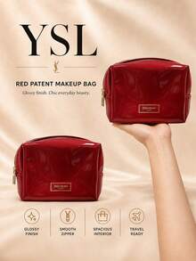 YSL Red Patent Leather Makeup Bag, 20*12cm, Single Piece, Smooth Glossy Patent Leather With Gold Zipper, Large Capacity, Suitable For Daily Outings And Short Trips - Red - View 3