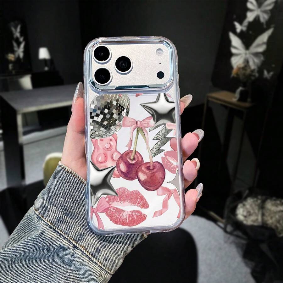 1pc Fashion Bow Cherry Multi-Element Pattern Colorblock Wavy 2-In-1 Acrylic Material Shockproof Phone Case, Skin-Feel, Electroplated Lens Frame, Transparent Phone Protective Case, Suitable For IPhone17promax/IPhone16 15 14 13 12 11/ S26ULTRA/S25ULTRA/S24ULTRA/ A58/A60/A78/ C53/C85/C71/C75/Honor Series. - Clear - View 1
