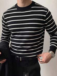 Men's Minimalist Colorblock Horizontal Striped Crew Neck Knit Sweater, Soft Long Sleeve Pullover, Casual Layering Base Top - Black - View 1