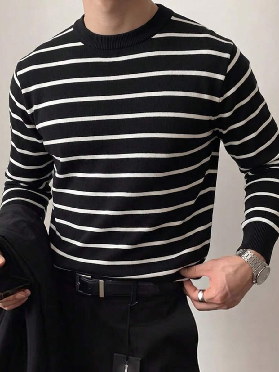 Men's Minimalist Colorblock Horizontal Striped Crew Neck Knit Sweater, Soft Long Sleeve Pullover, Casual Layering Base Top - Black - View 1