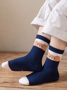 5 Pairs Medium-Thick Kids Socks For Spring, Autumn And Winter, Cute Cartoon Bear Boys And Girls Socks, Navy Blue - Multicolor - View 4