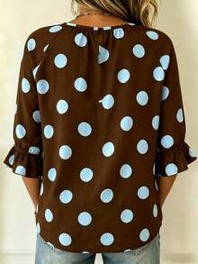 Plus Size Women's Geometric Pattern Loose 3/4 Sleeve Ruffle Blouse - Brown - View 3