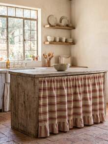 1/2pcs Beige With Red Horizontal Stripes Sink Skirt, Rustic Country Style Fabric Material, Rectangular Top With Gathered Pleats And Bottom Ruffle Details, Storage Concealment And Decorative Function, Kitchen Sink Curtain Suitable For Kitchen Sink Concealment And Rustic Home Decor Scenes - Red - View 2