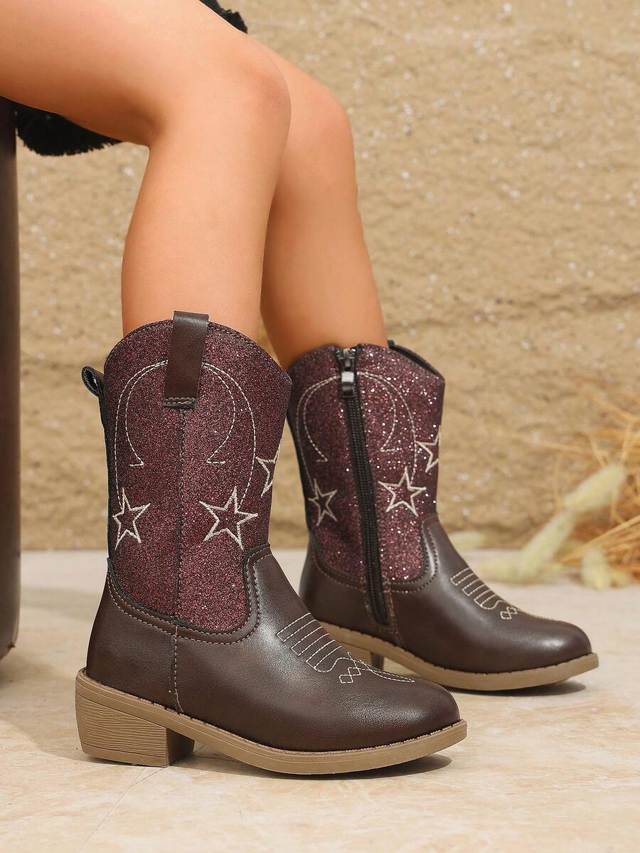 1 Pair Burgundy Glitter Embroidered Girls' Denim Boots, Low Chunky Heel, Mid-Calf Boots, Versatile For Runway And Casual Wear - Burgundy - View 1