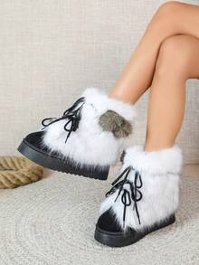 Black And White Contrast Faux Fur Lace-Up Ankle Boots For Women, Winter Fashion - Black - View 8