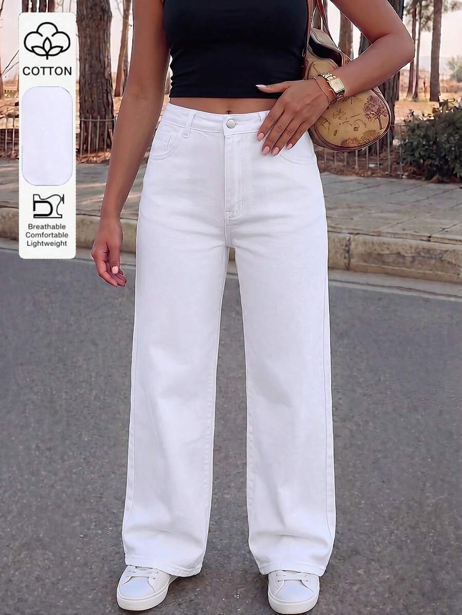 Women's Fashion Casual Straight Leg Jeans, Versatile Comfortable Daily Streetwear - White - View 1