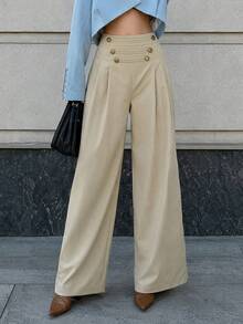 Women's Khaki Gold Button Wide Leg Pants, Autumn Long Woven Non-Stretch Loose Fit Trousers - Apricot - View 2