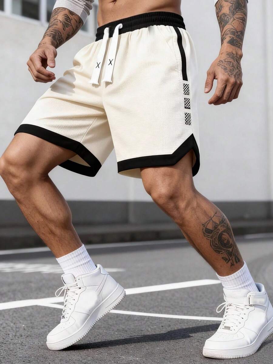 Men's Summer Drawstring Waist Colorblock Casual Daily Sports Shorts - Beige - View 1
