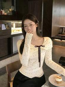 Korean Style All-Over Polka Dot Bow Long Sleeve Top Women Sweet Gentle Slim Fit Base Layer - Apricot - View 2