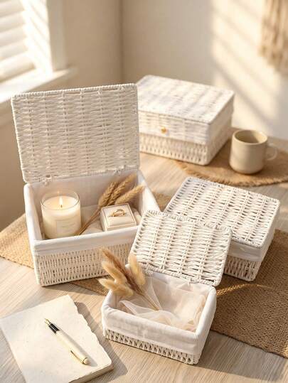 3pcs/Set(S+M+L)/1pc Bohemian Style Handmade Woven Storage Basket Set With Lid, Rustic Style Lined Storage Tray, Suitable For Cosmetics, Keys And Snacks, Lightweight, Perfect For Desktop, Living Room, Bedroom, Kitchen, Home Decor And Gifts