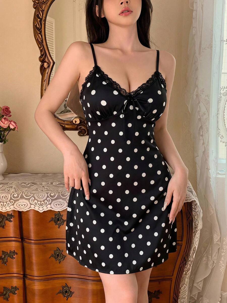 DAZY Classic Black & White Polka Dot Lace Trim Camisole Nightgown,Women's Deep V Bowknot Decor Fitted Mini Skirt,Soft &Comfortable Sexy Sleepwear Suitable - Black and White - View 1