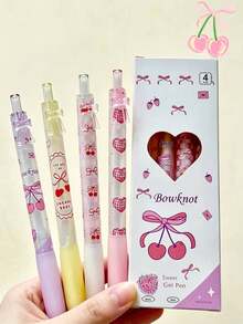 1/4pcs Sweet Bow Click Neutral Pens, Cute Cherry Heart Print Ballpoint Pens, Black Ink Smooth Writing, Stationery For Girls Students Office, Back To School Gift For Friends - Sets - View 4