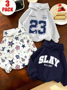 3pcs/Set Girls Hooded Sweatshirt, Simple Letter Design, Color Block Outfit, Suitable For Autumn/Winter Holidays And Outdoor Wear - Multicolor - View 1
