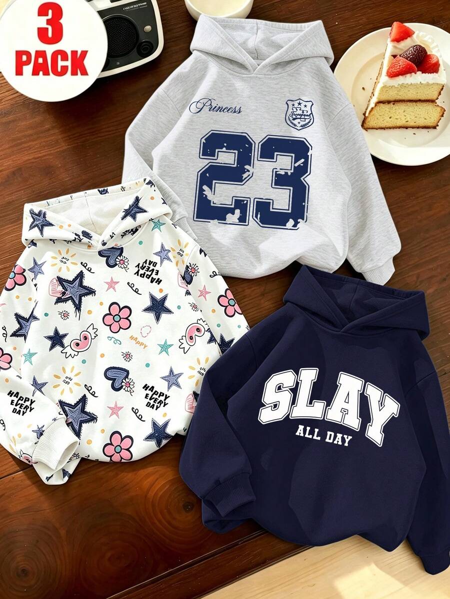 3pcs/Set Girls Hooded Sweatshirt, Simple Letter Design, Color Block Outfit, Suitable For Autumn/Winter Holidays And Outdoor Wear - Multicolor - View 1