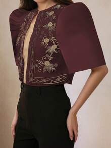 Modern Filipiniana Retro Floral Printed Puff Sleeve Blouse, Spring/Summer - Coffee Brown - View 4